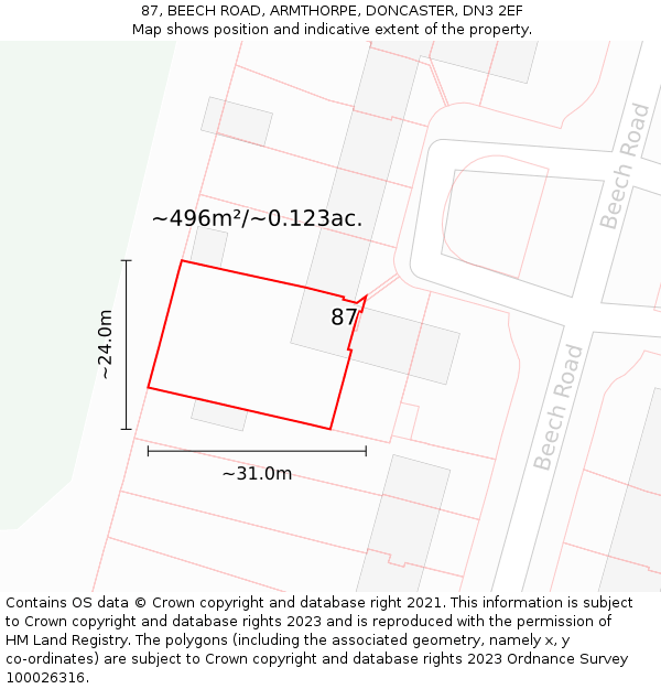 87, BEECH ROAD, ARMTHORPE, DONCASTER, DN3 2EF: Plot and title map