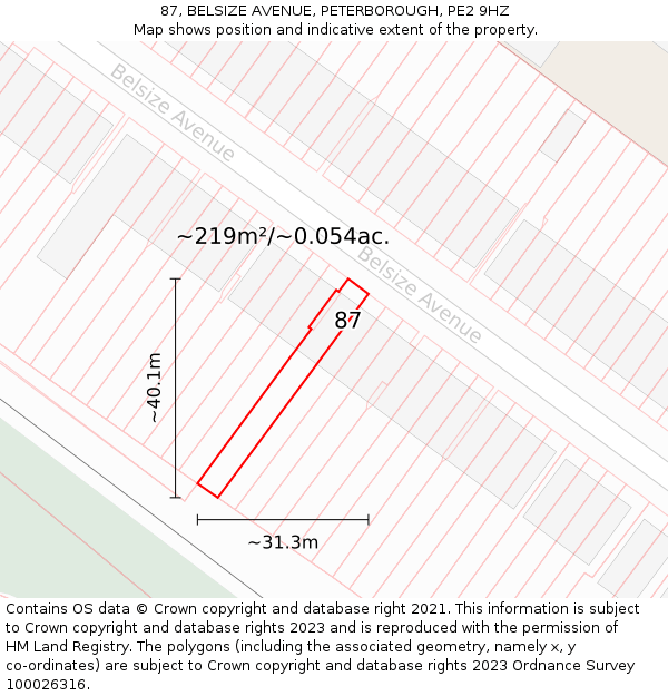 87, BELSIZE AVENUE, PETERBOROUGH, PE2 9HZ: Plot and title map