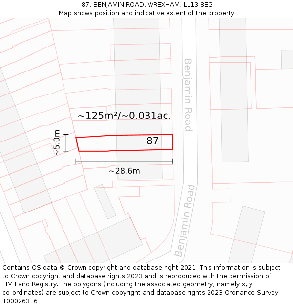 87, BENJAMIN ROAD, WREXHAM, LL13 8EG: Plot and title map