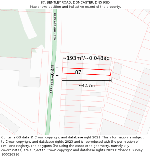 87, BENTLEY ROAD, DONCASTER, DN5 9SD: Plot and title map