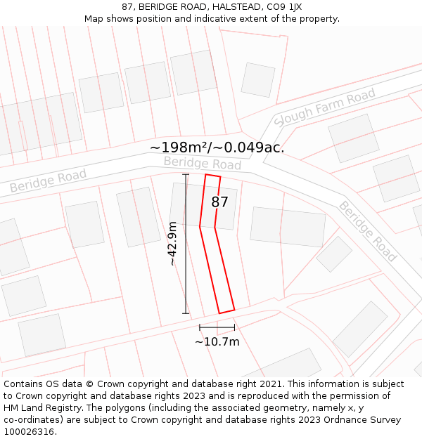 87, BERIDGE ROAD, HALSTEAD, CO9 1JX: Plot and title map