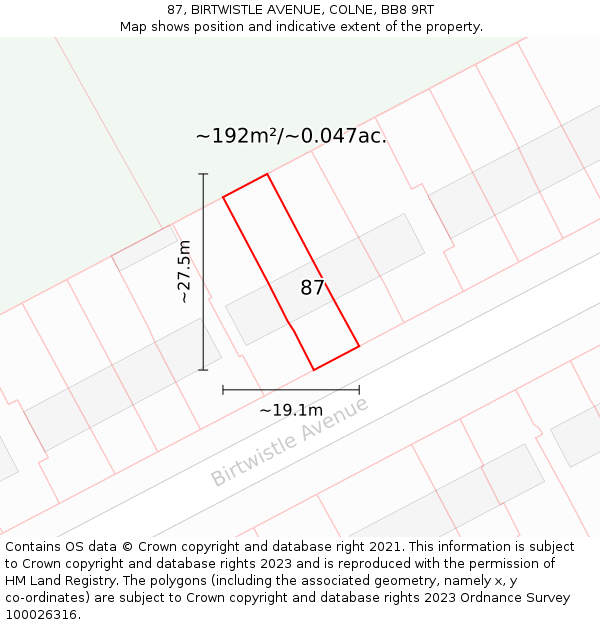 87, BIRTWISTLE AVENUE, COLNE, BB8 9RT: Plot and title map