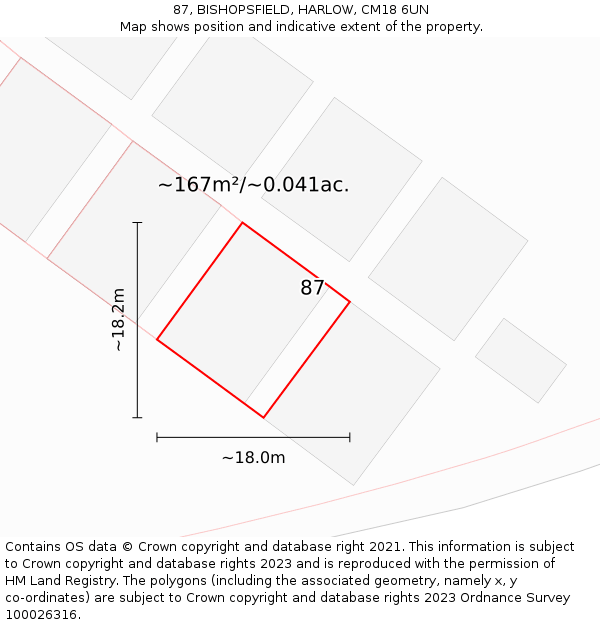 87, BISHOPSFIELD, HARLOW, CM18 6UN: Plot and title map