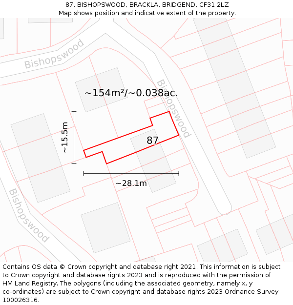 87, BISHOPSWOOD, BRACKLA, BRIDGEND, CF31 2LZ: Plot and title map