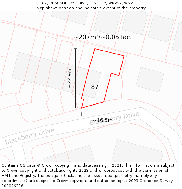 87, BLACKBERRY DRIVE, HINDLEY, WIGAN, WN2 3JU: Plot and title map