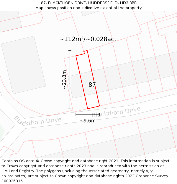 87, BLACKTHORN DRIVE, HUDDERSFIELD, HD3 3RR: Plot and title map