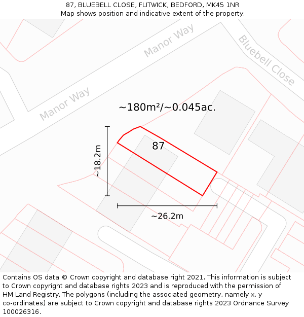87, BLUEBELL CLOSE, FLITWICK, BEDFORD, MK45 1NR: Plot and title map