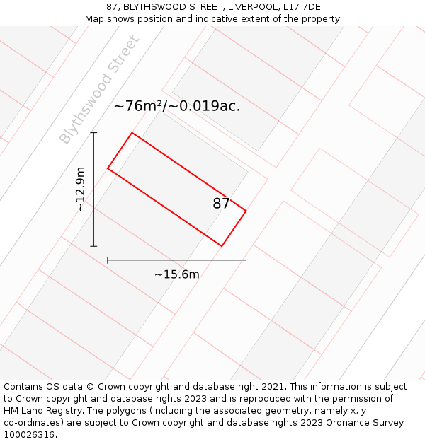 87, BLYTHSWOOD STREET, LIVERPOOL, L17 7DE: Plot and title map