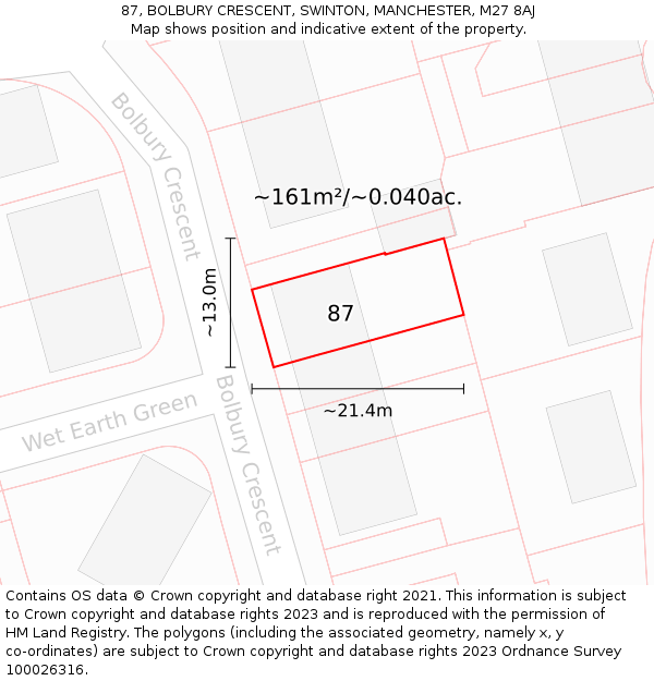 87, BOLBURY CRESCENT, SWINTON, MANCHESTER, M27 8AJ: Plot and title map