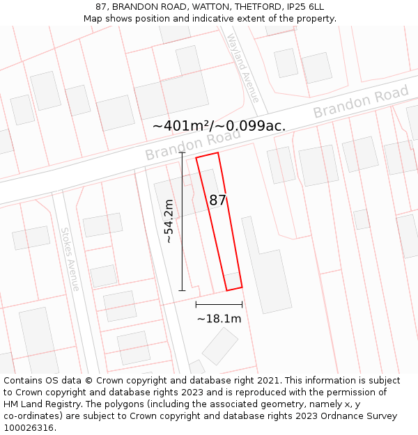 87, BRANDON ROAD, WATTON, THETFORD, IP25 6LL: Plot and title map