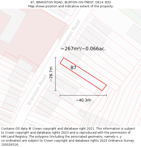 87, BRANSTON ROAD, BURTON-ON-TRENT, DE14 3DD: Plot and title map