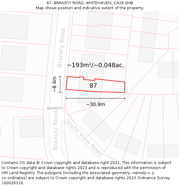 87, BRANSTY ROAD, WHITEHAVEN, CA28 6HB: Plot and title map