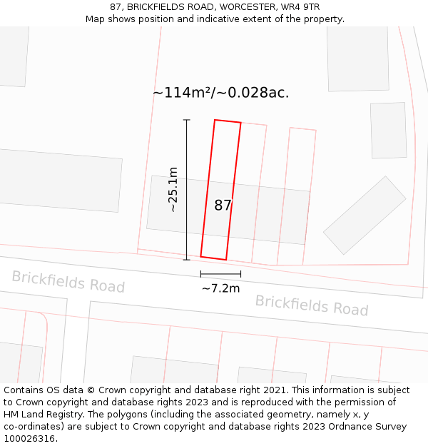 87, BRICKFIELDS ROAD, WORCESTER, WR4 9TR: Plot and title map
