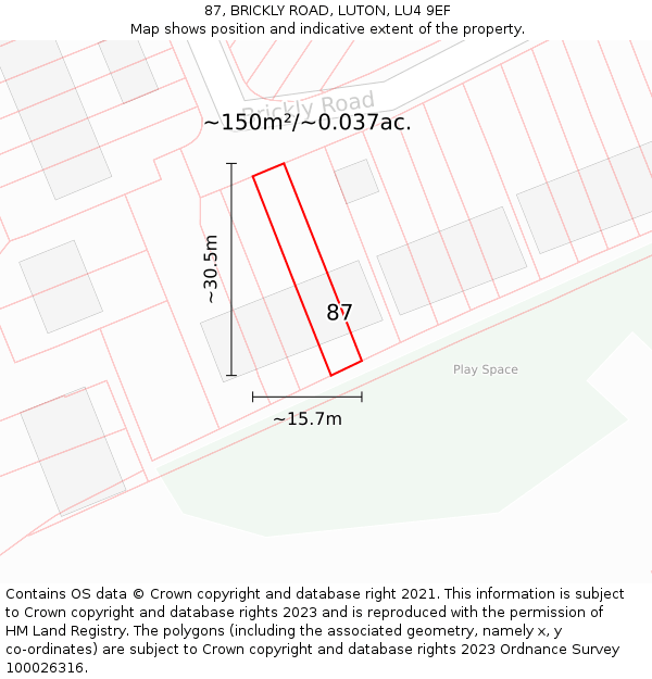 87, BRICKLY ROAD, LUTON, LU4 9EF: Plot and title map