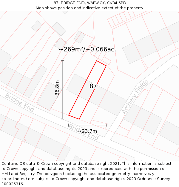 87, BRIDGE END, WARWICK, CV34 6PD: Plot and title map