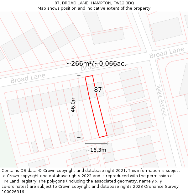 87, BROAD LANE, HAMPTON, TW12 3BQ: Plot and title map