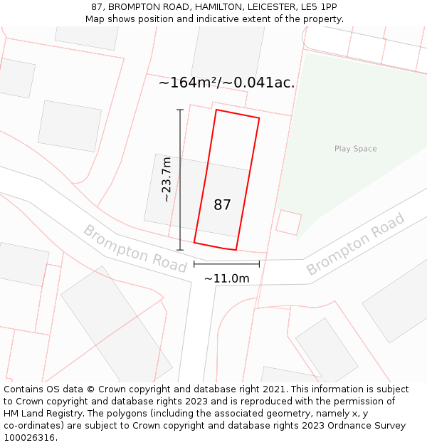 87, BROMPTON ROAD, HAMILTON, LEICESTER, LE5 1PP: Plot and title map