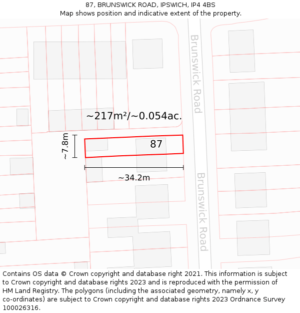 87, BRUNSWICK ROAD, IPSWICH, IP4 4BS: Plot and title map