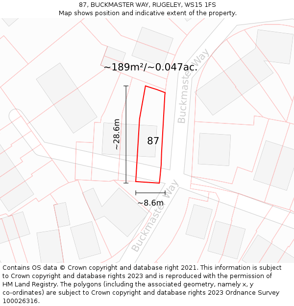 87, BUCKMASTER WAY, RUGELEY, WS15 1FS: Plot and title map