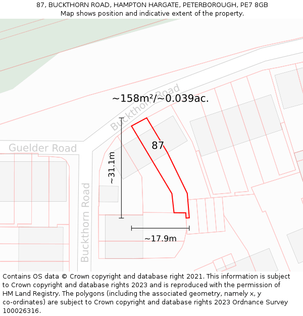 87, BUCKTHORN ROAD, HAMPTON HARGATE, PETERBOROUGH, PE7 8GB: Plot and title map