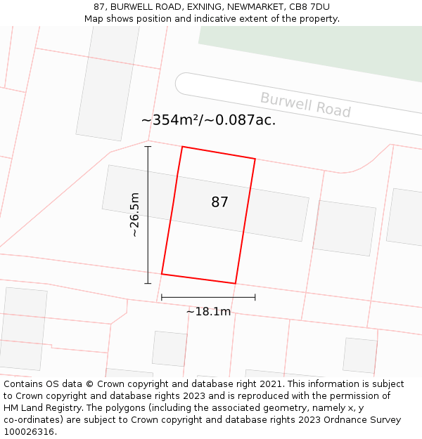87, BURWELL ROAD, EXNING, NEWMARKET, CB8 7DU: Plot and title map