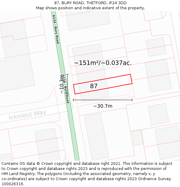 87, BURY ROAD, THETFORD, IP24 3DD: Plot and title map