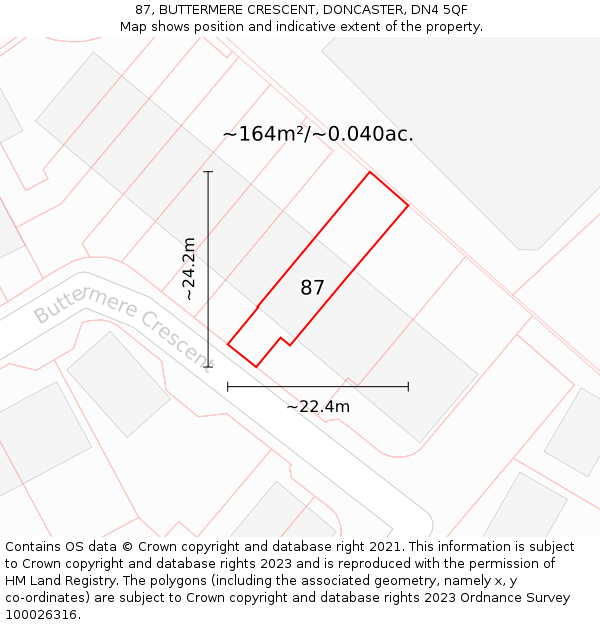 87, BUTTERMERE CRESCENT, DONCASTER, DN4 5QF: Plot and title map