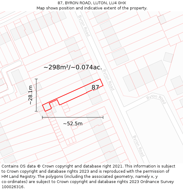 87, BYRON ROAD, LUTON, LU4 0HX: Plot and title map