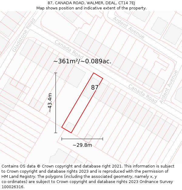 87, CANADA ROAD, WALMER, DEAL, CT14 7EJ: Plot and title map