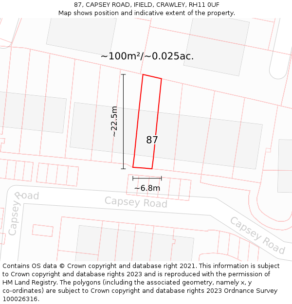 87, CAPSEY ROAD, IFIELD, CRAWLEY, RH11 0UF: Plot and title map