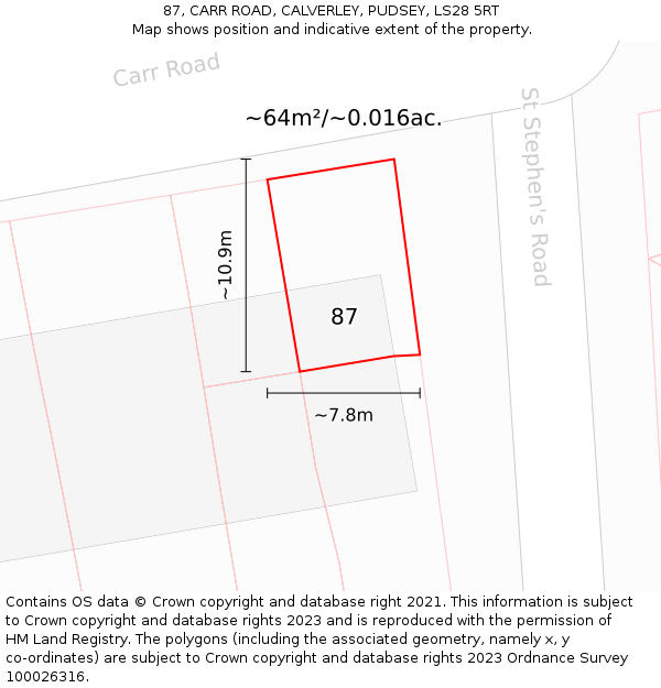 87, CARR ROAD, CALVERLEY, PUDSEY, LS28 5RT: Plot and title map