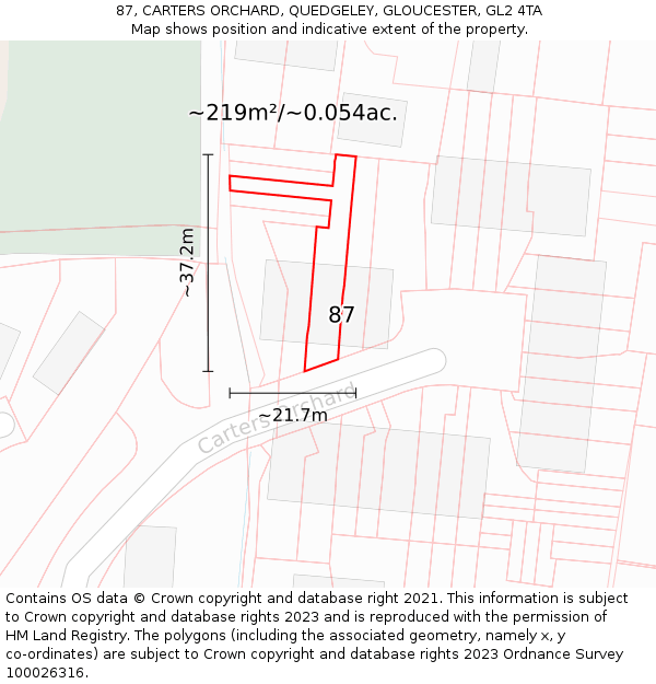 87, CARTERS ORCHARD, QUEDGELEY, GLOUCESTER, GL2 4TA: Plot and title map