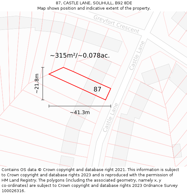 87, CASTLE LANE, SOLIHULL, B92 8DE: Plot and title map