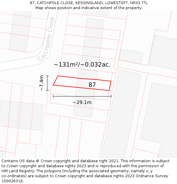 87, CATCHPOLE CLOSE, KESSINGLAND, LOWESTOFT, NR33 7TL: Plot and title map