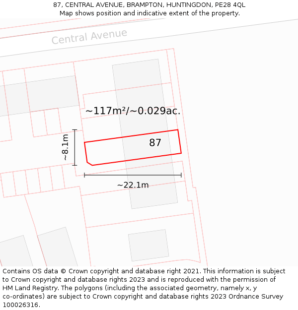 87, CENTRAL AVENUE, BRAMPTON, HUNTINGDON, PE28 4QL: Plot and title map