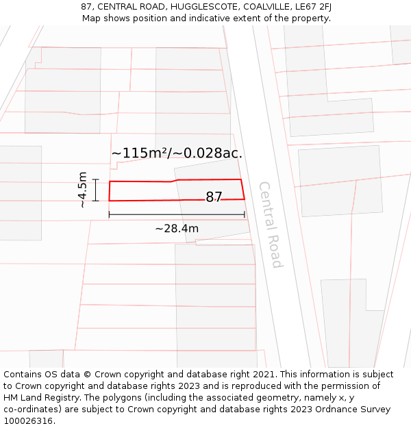 87, CENTRAL ROAD, HUGGLESCOTE, COALVILLE, LE67 2FJ: Plot and title map