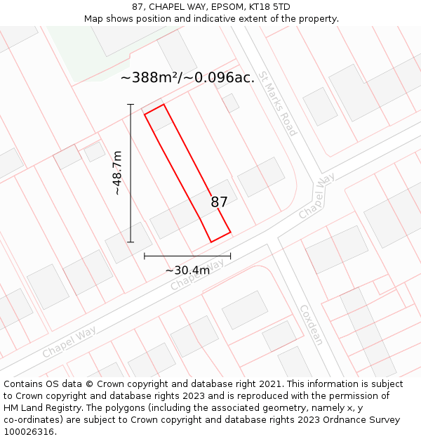 87, CHAPEL WAY, EPSOM, KT18 5TD: Plot and title map