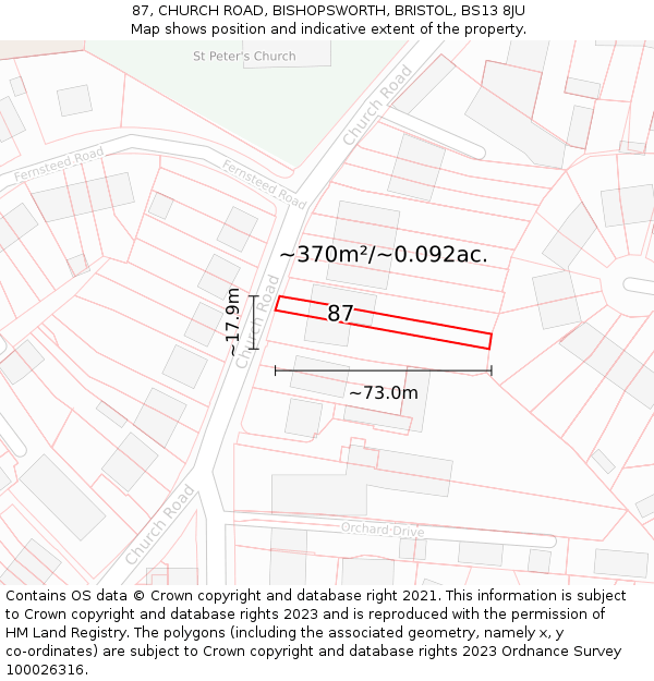 87, CHURCH ROAD, BISHOPSWORTH, BRISTOL, BS13 8JU: Plot and title map