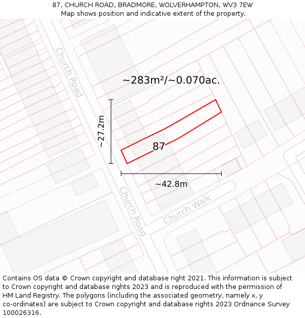87, CHURCH ROAD, BRADMORE, WOLVERHAMPTON, WV3 7EW: Plot and title map