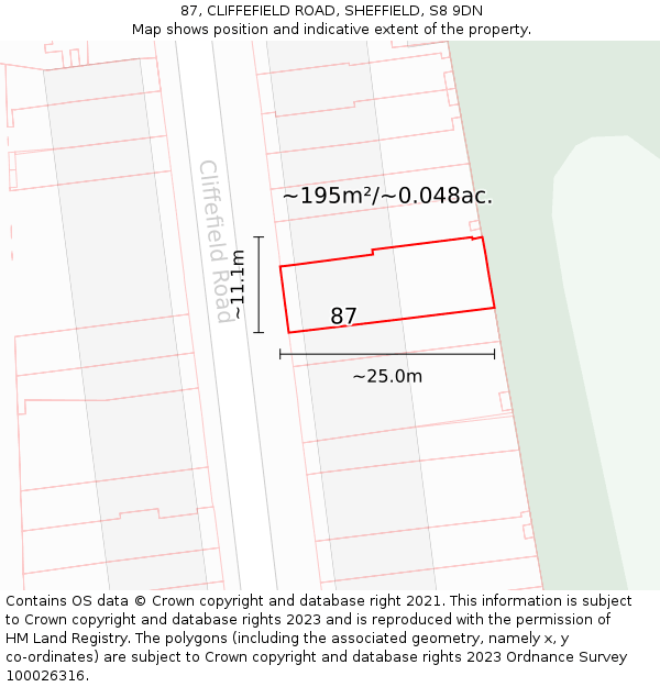 87, CLIFFEFIELD ROAD, SHEFFIELD, S8 9DN: Plot and title map