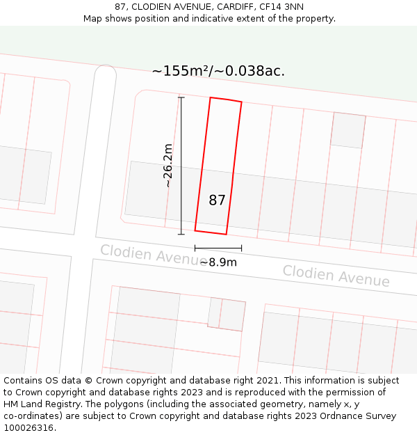 87, CLODIEN AVENUE, CARDIFF, CF14 3NN: Plot and title map
