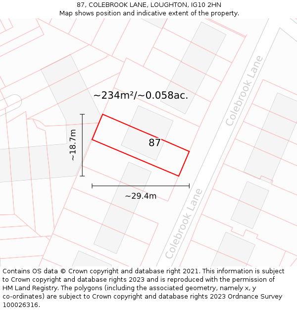 87, COLEBROOK LANE, LOUGHTON, IG10 2HN: Plot and title map
