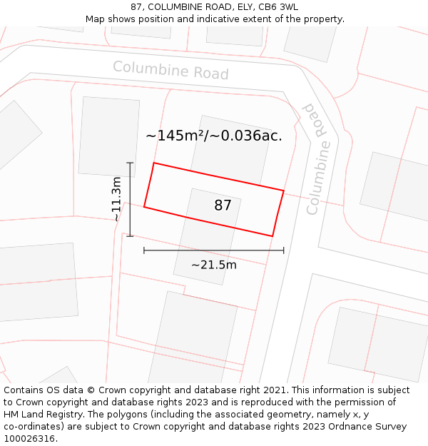 87, COLUMBINE ROAD, ELY, CB6 3WL: Plot and title map