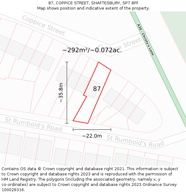 87, COPPICE STREET, SHAFTESBURY, SP7 8PF: Plot and title map