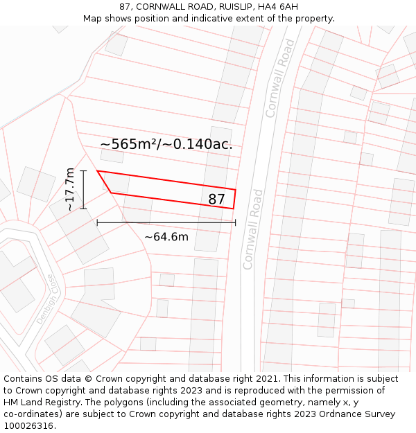 87, CORNWALL ROAD, RUISLIP, HA4 6AH: Plot and title map