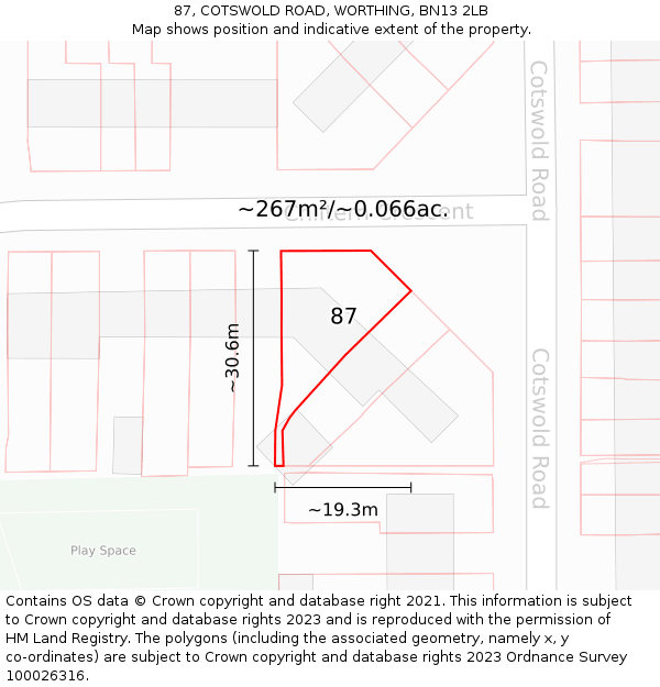 87, COTSWOLD ROAD, WORTHING, BN13 2LB: Plot and title map