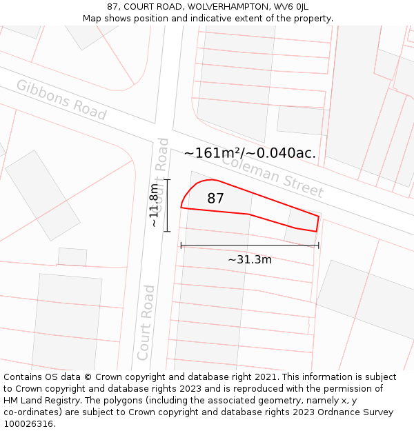 87, COURT ROAD, WOLVERHAMPTON, WV6 0JL: Plot and title map