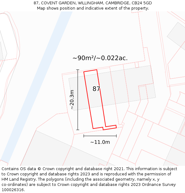 87, COVENT GARDEN, WILLINGHAM, CAMBRIDGE, CB24 5GD: Plot and title map