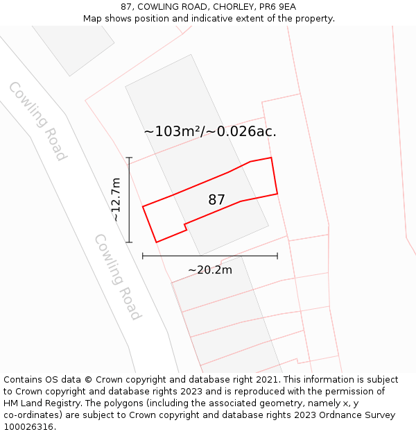 87, COWLING ROAD, CHORLEY, PR6 9EA: Plot and title map