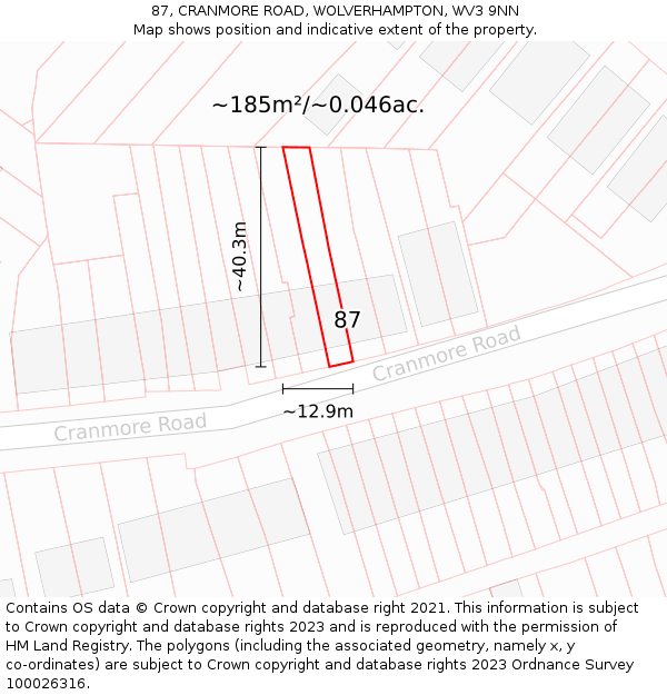 87, CRANMORE ROAD, WOLVERHAMPTON, WV3 9NN: Plot and title map